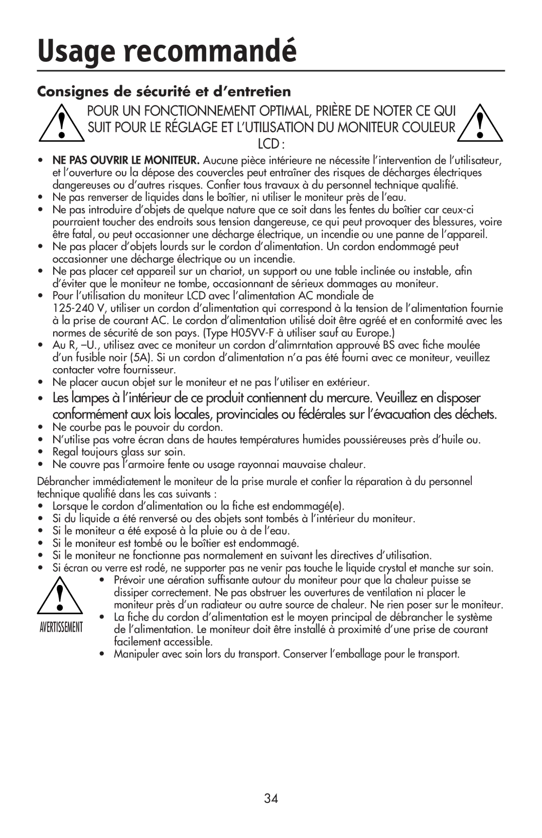 NEC LCD73VXTM, LCD73VXM, LCD93VXMTM user manual Usage recommandé, Consignes de sécurité et d’entretien 