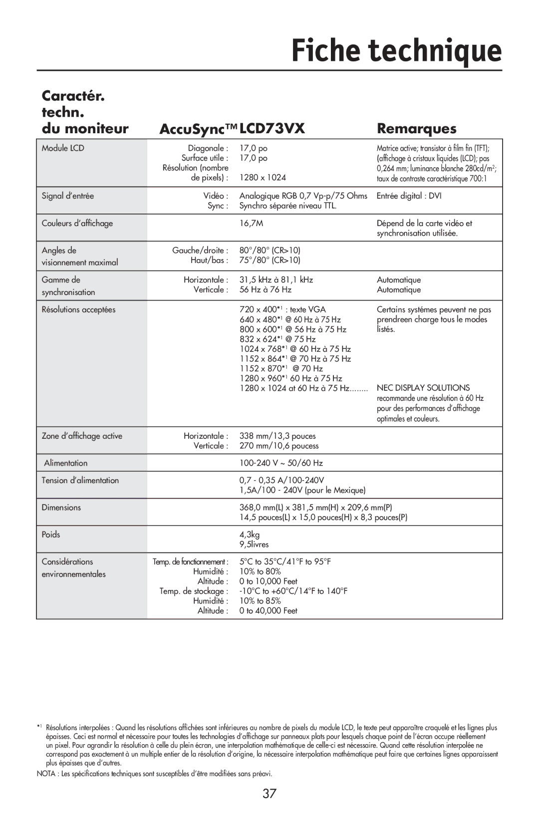 NEC LCD73VXTM, LCD73VXM, LCD93VXMTM user manual Fiche technique, Caractér Techn Du moniteur AccuSync LCD73VX Remarques 