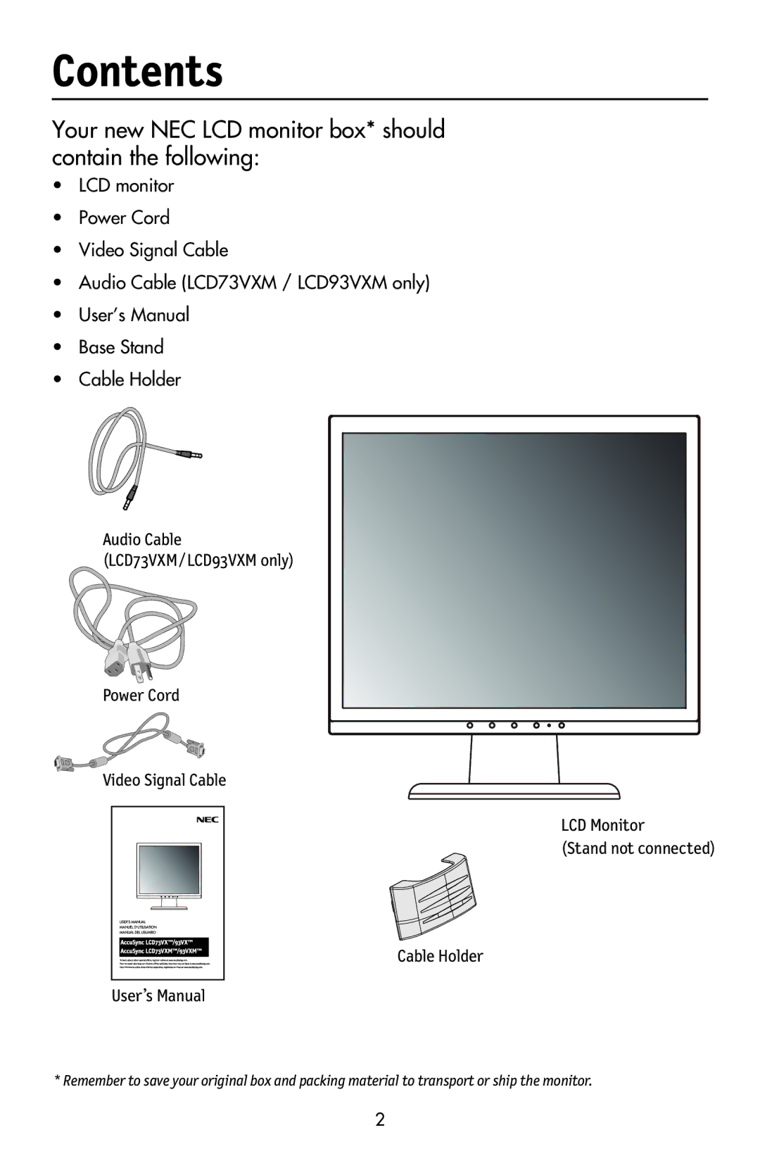 NEC LCD73VXTM, LCD73VXM, LCD93VXMTM user manual Contents 