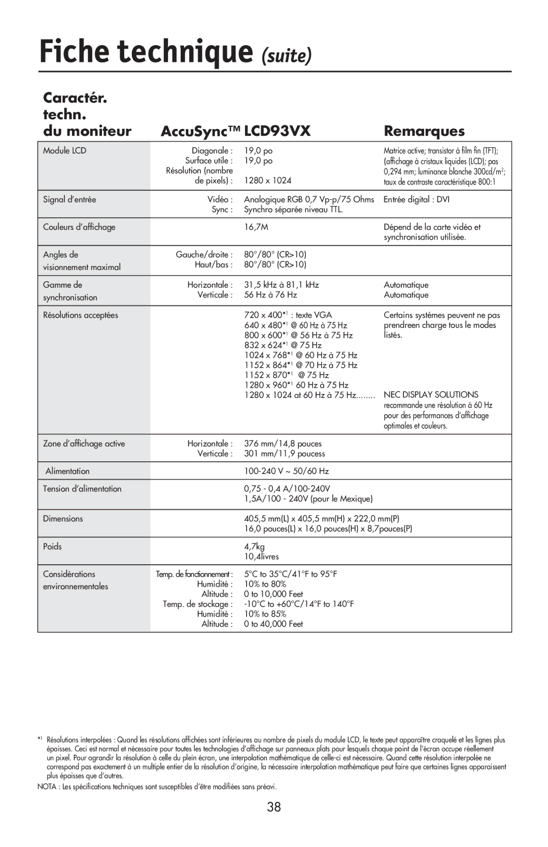 NEC LCD73VXTM, LCD73VXM, LCD93VXMTM user manual Fiche technique suite, Caractér Techn Du moniteur AccuSync LCD93VX Remarques 