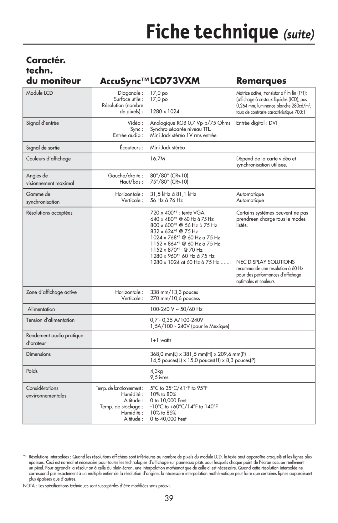 NEC LCD73VXTM, LCD93VXMTM user manual Caractér Techn Du moniteur AccuSync LCD73VXM Remarques 