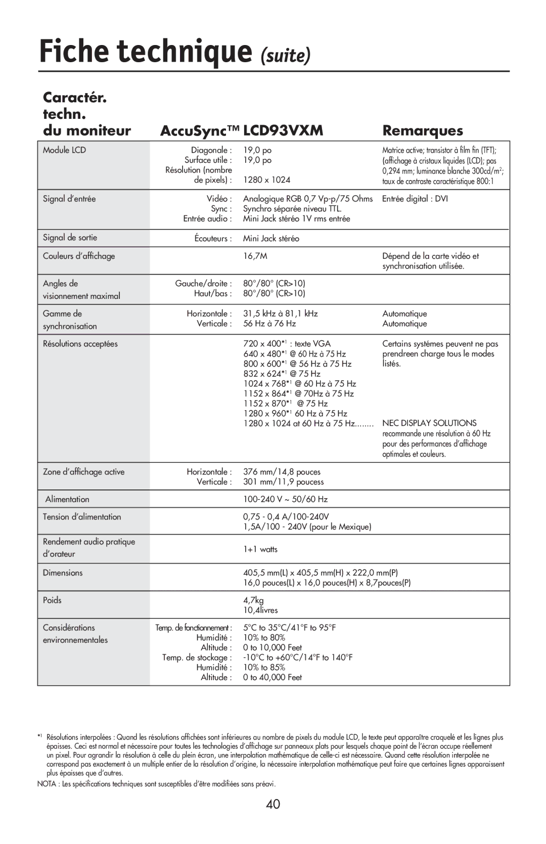 NEC LCD93VXMTM, LCD73VXTM, LCD73VXM user manual Caractér Techn Du moniteur AccuSync LCD93VXM Remarques 