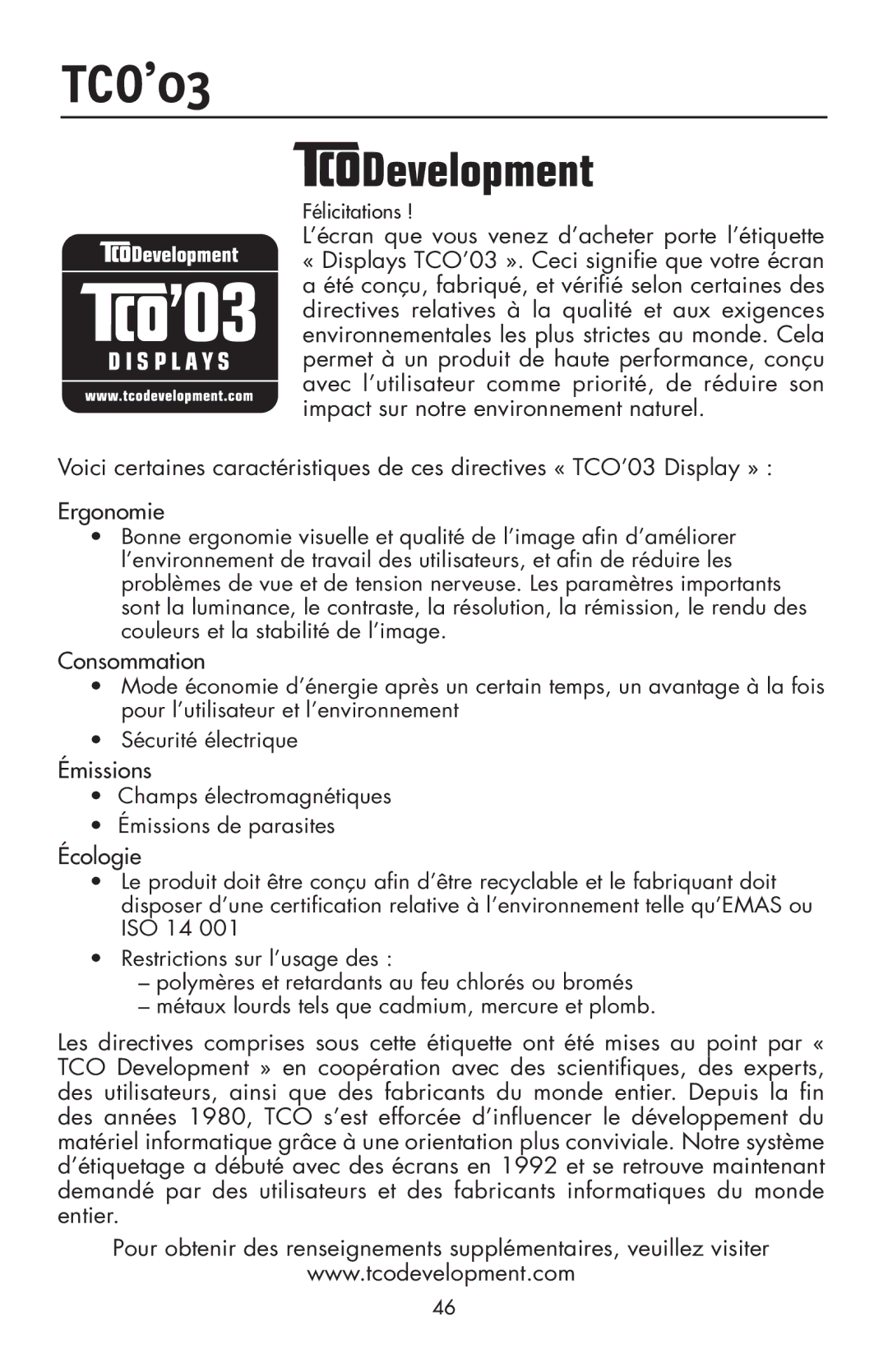 NEC LCD73VXTM, LCD73VXM, LCD93VXMTM user manual TCO’03, Félicitations 