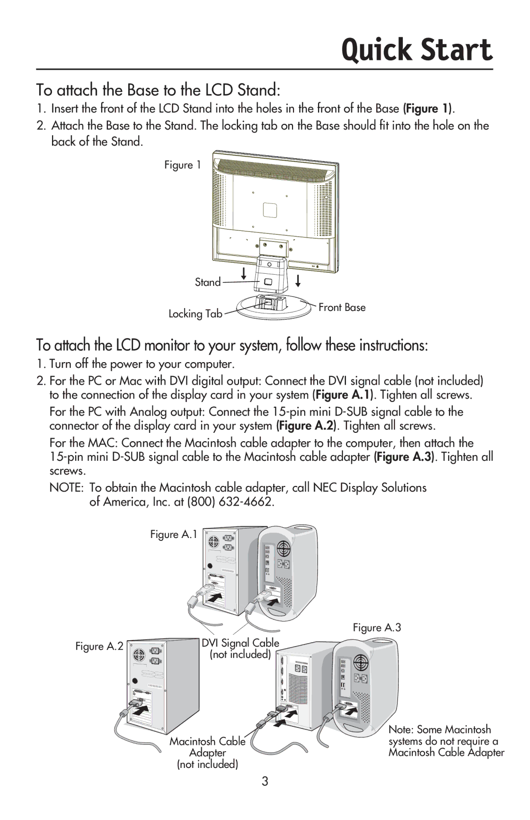 NEC LCD73VXM, LCD73VXTM, LCD93VXMTM Quick Start, To attach the Base to the LCD Stand, Turn off the power to your computer 