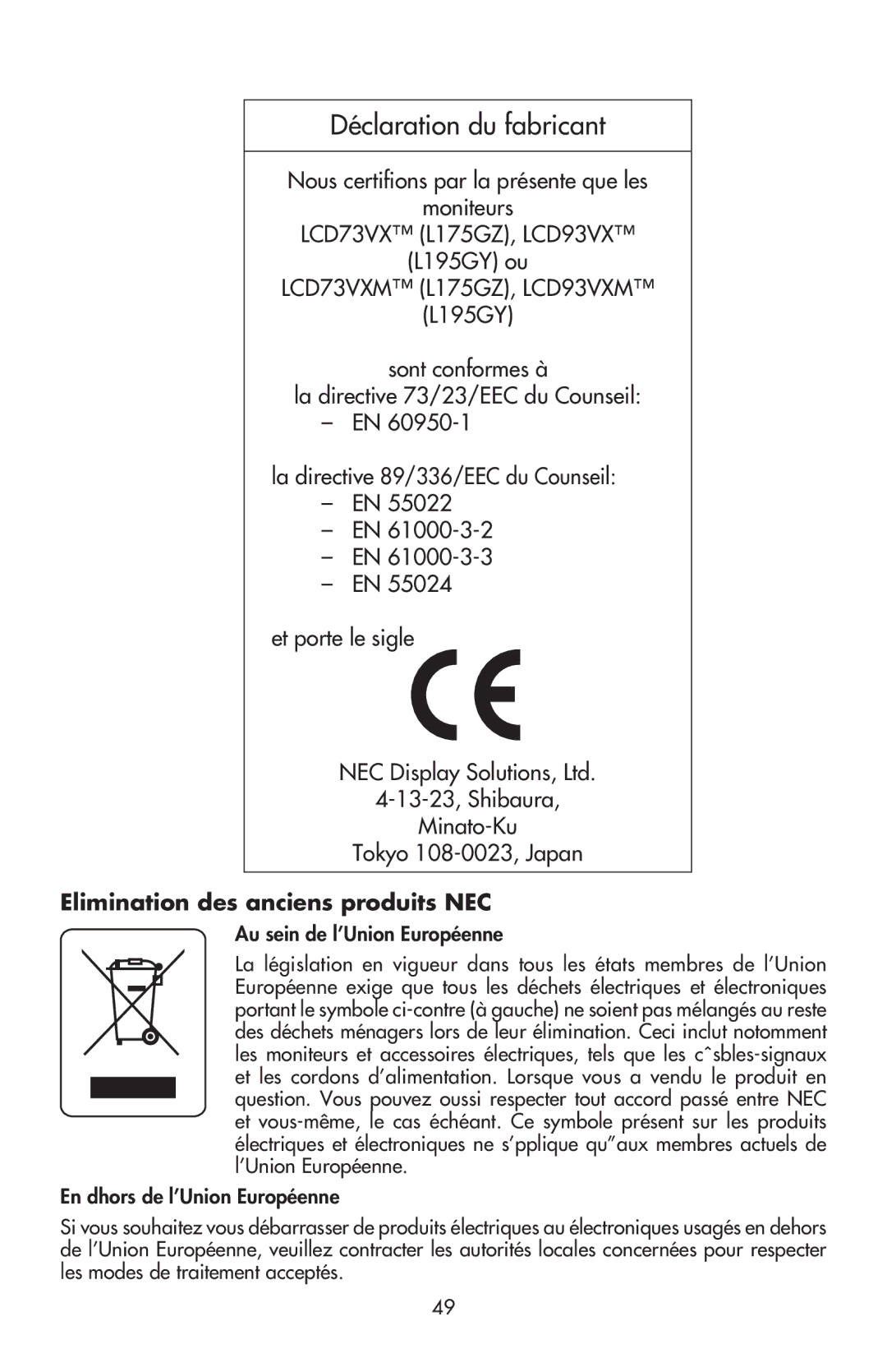 NEC LCD93VX, LCD73VXTM Déclaration du fabricant, Elimination des anciens produits NEC, Au sein de l’Union Européenne 