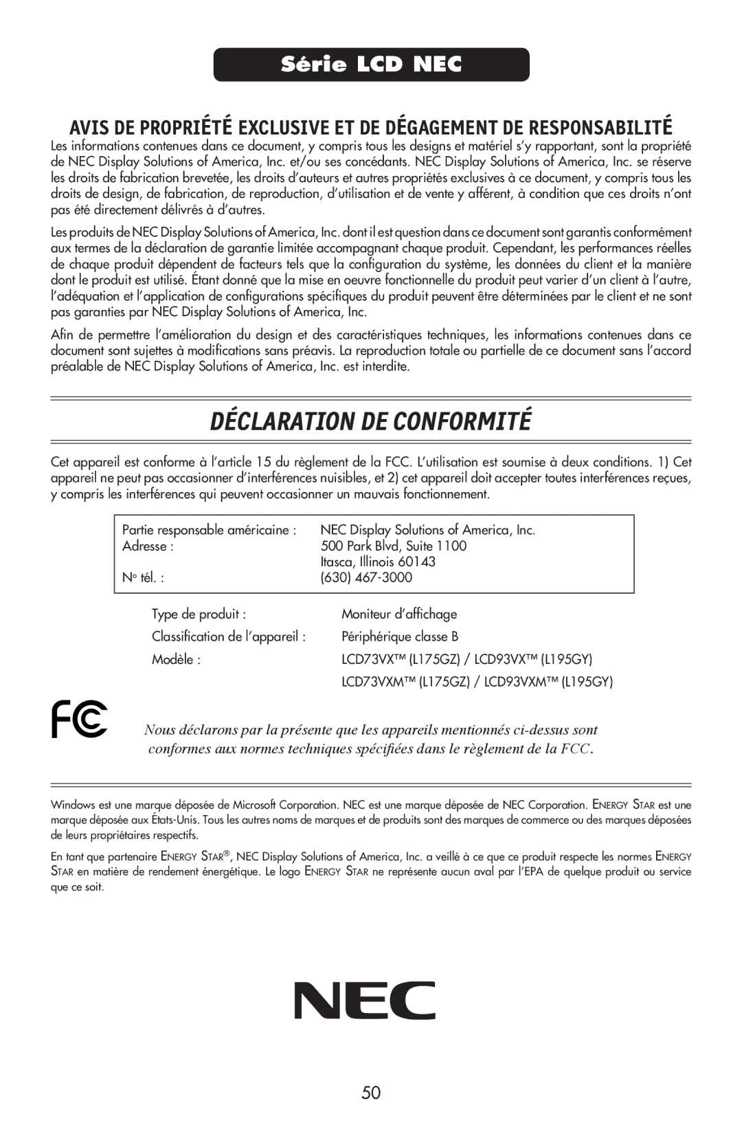 NEC LCD73VXTM, LCD73VXM, LCD93VXMTM user manual Déclaration DE Conformité 