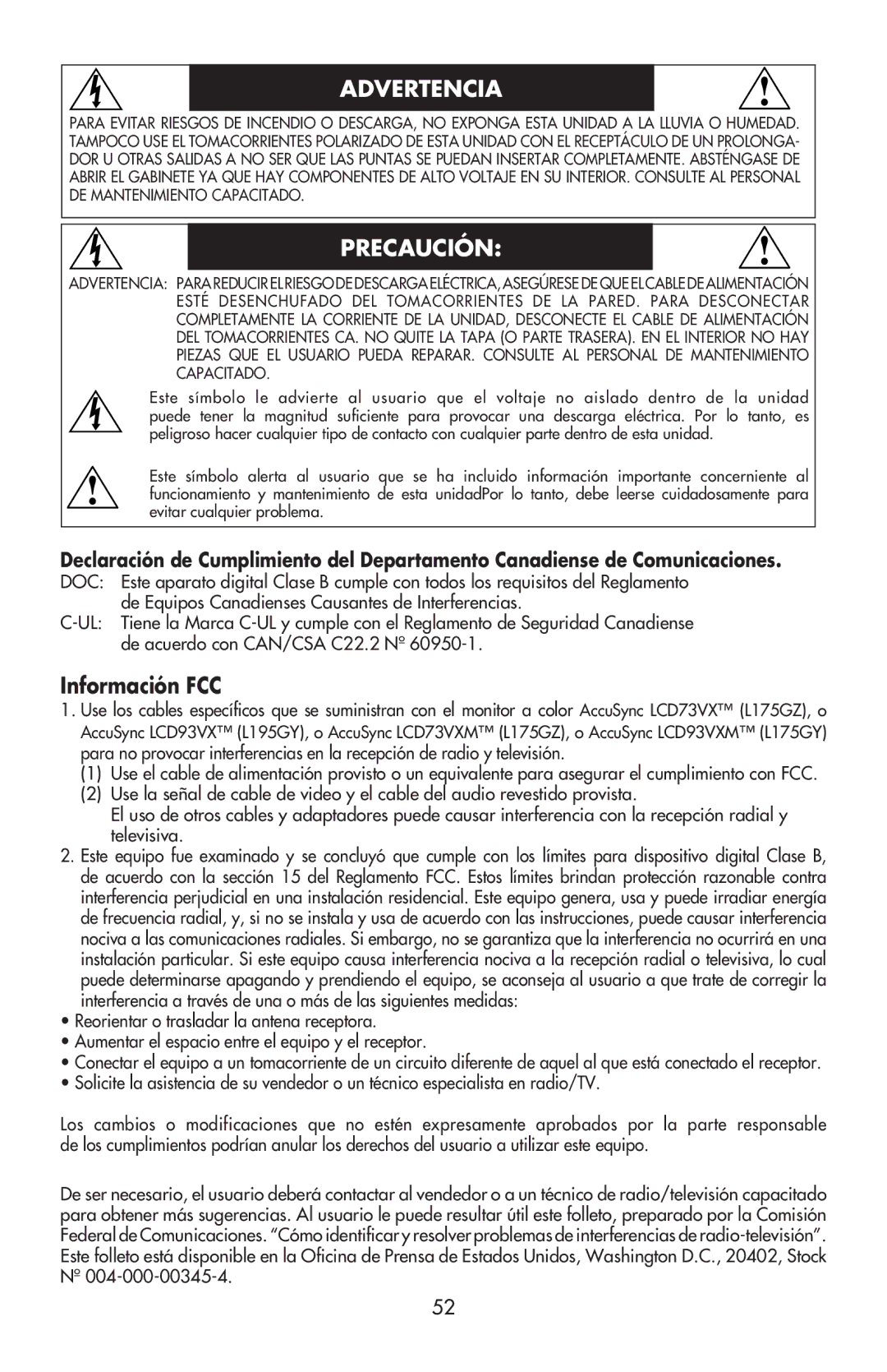 NEC LCD73VXM, LCD73VXTM, LCD93VXMTM user manual Advertencia, Información FCC 