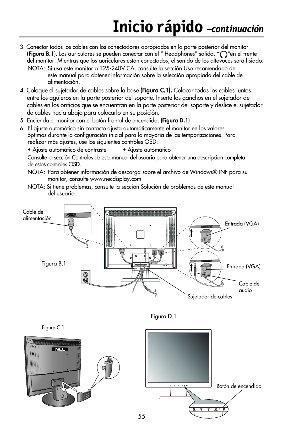 NEC LCD73VXTM, LCD73VXM, LCD93VXMTM user manual Inicio rápido -continuación, Figura B.1 