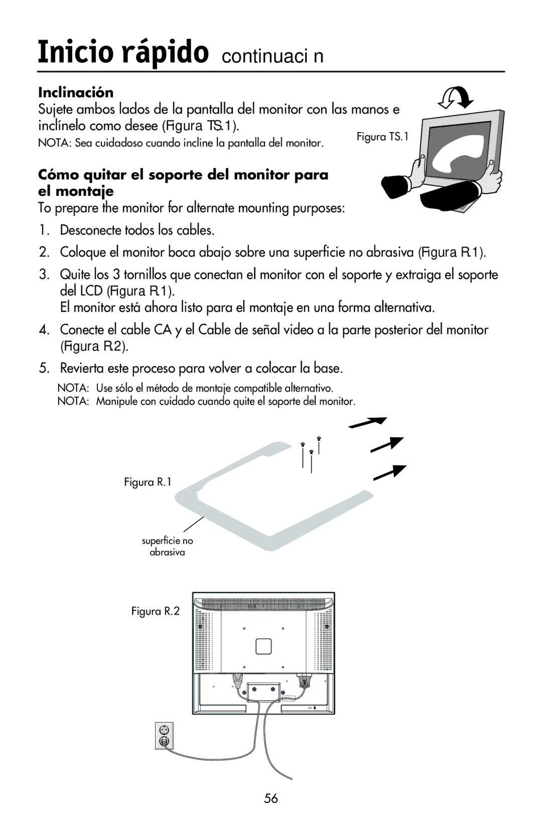 NEC LCD73VXM, LCD73VXTM, LCD93VXMTM user manual Inclinación, Cómo quitar el soporte del monitor para el montaje 