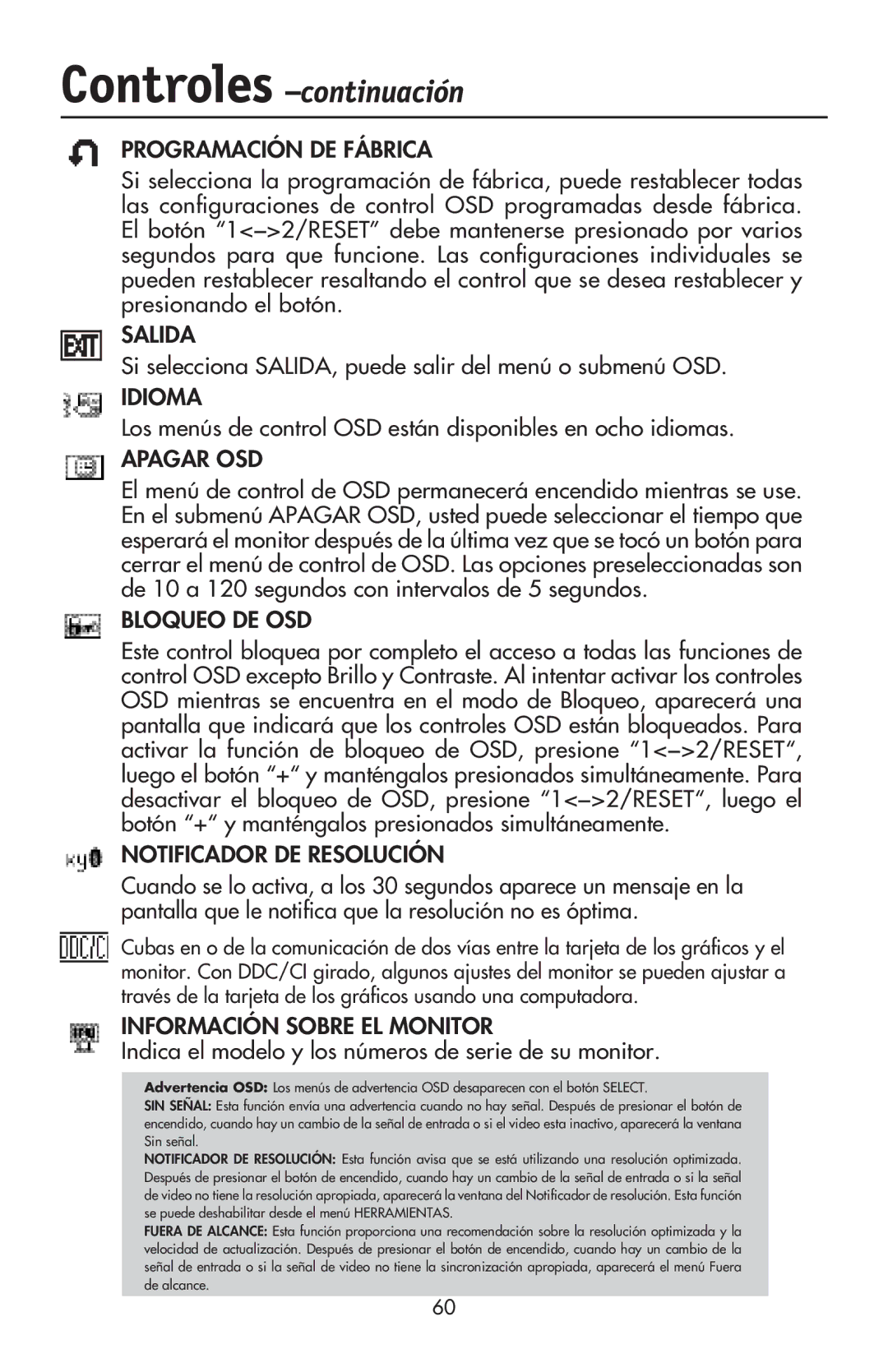 NEC LCD73VXM, LCD73VXTM, LCD93VXMTM user manual Si selecciona SALIDA, puede salir del menú o submenú OSD 