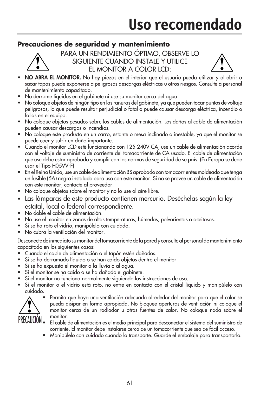 NEC LCD93VXMTM, LCD73VXTM, LCD73VXM user manual Uso recomendado, Precauciones de seguridad y mantenimiento, Monitor 