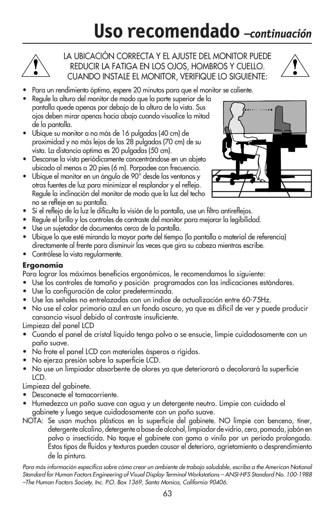 NEC LCD73VXTM, LCD73VXM, LCD93VXMTM user manual Contrólese la vista regularmente, Ergonomía 