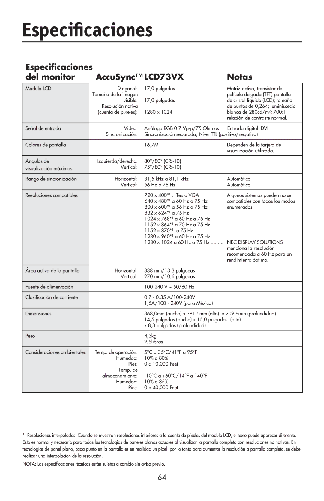 NEC LCD73VXM, LCD73VXTM, LCD93VXMTM user manual Especiﬁcaciones Del monitor AccuSync LCD73VX Notas 