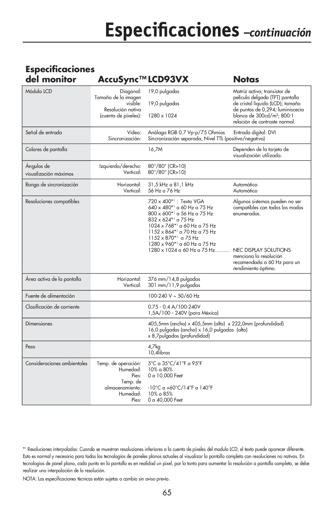 NEC LCD93VXMTM, LCD73VXTM, LCD73VXM Especiﬁcaciones -continuación, Especiﬁcaciones Del monitor AccuSync LCD93VX Notas 