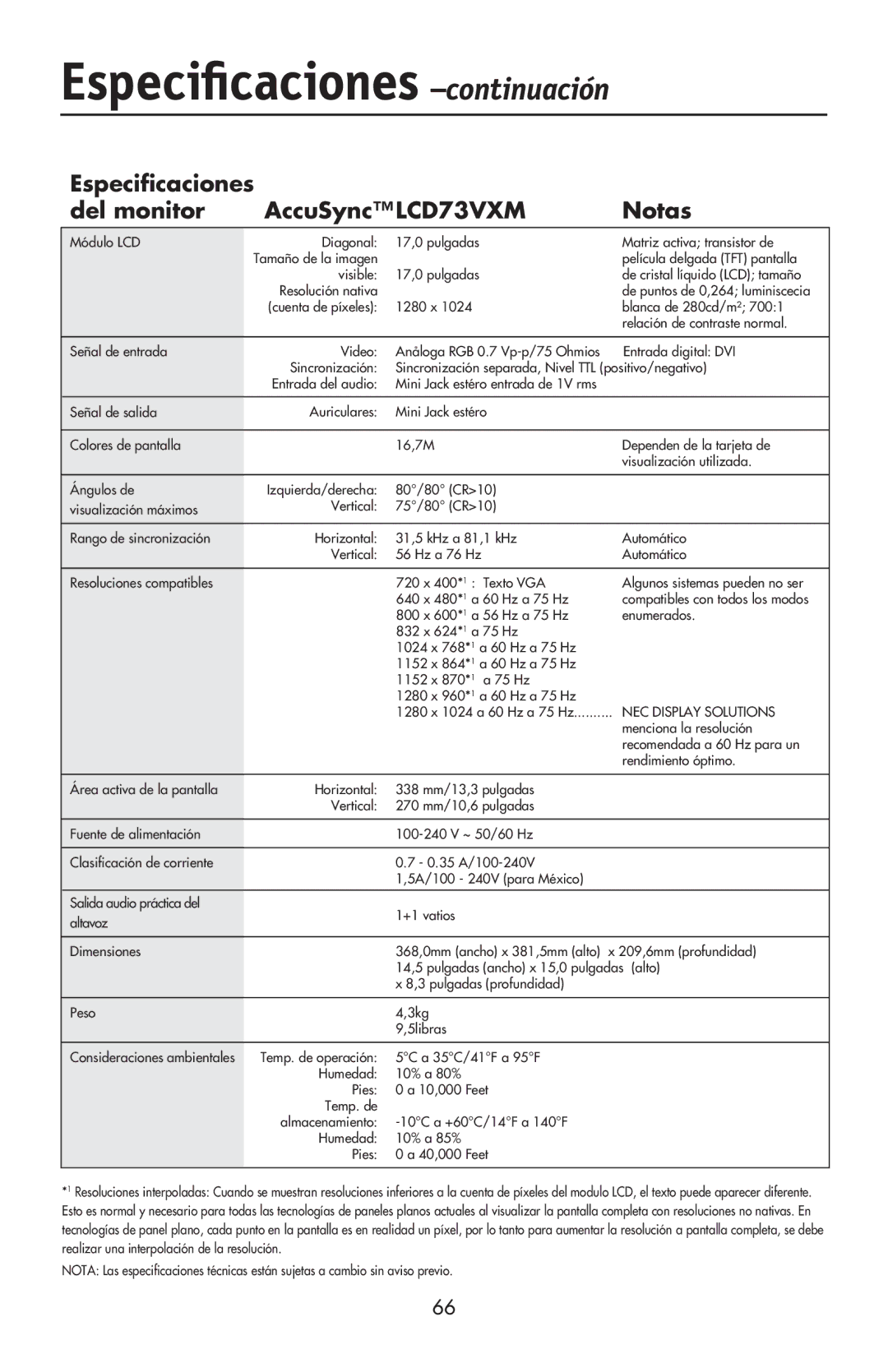 NEC LCD73VXTM, LCD93VXMTM user manual Especiﬁcaciones Del monitor AccuSyncLCD73VXM Notas 