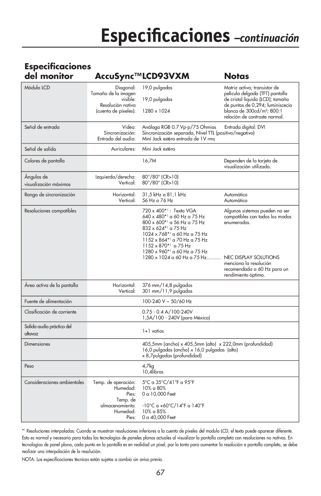 NEC LCD73VXTM, LCD73VXM, LCD93VXMTM user manual Especiﬁcaciones Del monitor AccuSyncLCD93VXM Notas 