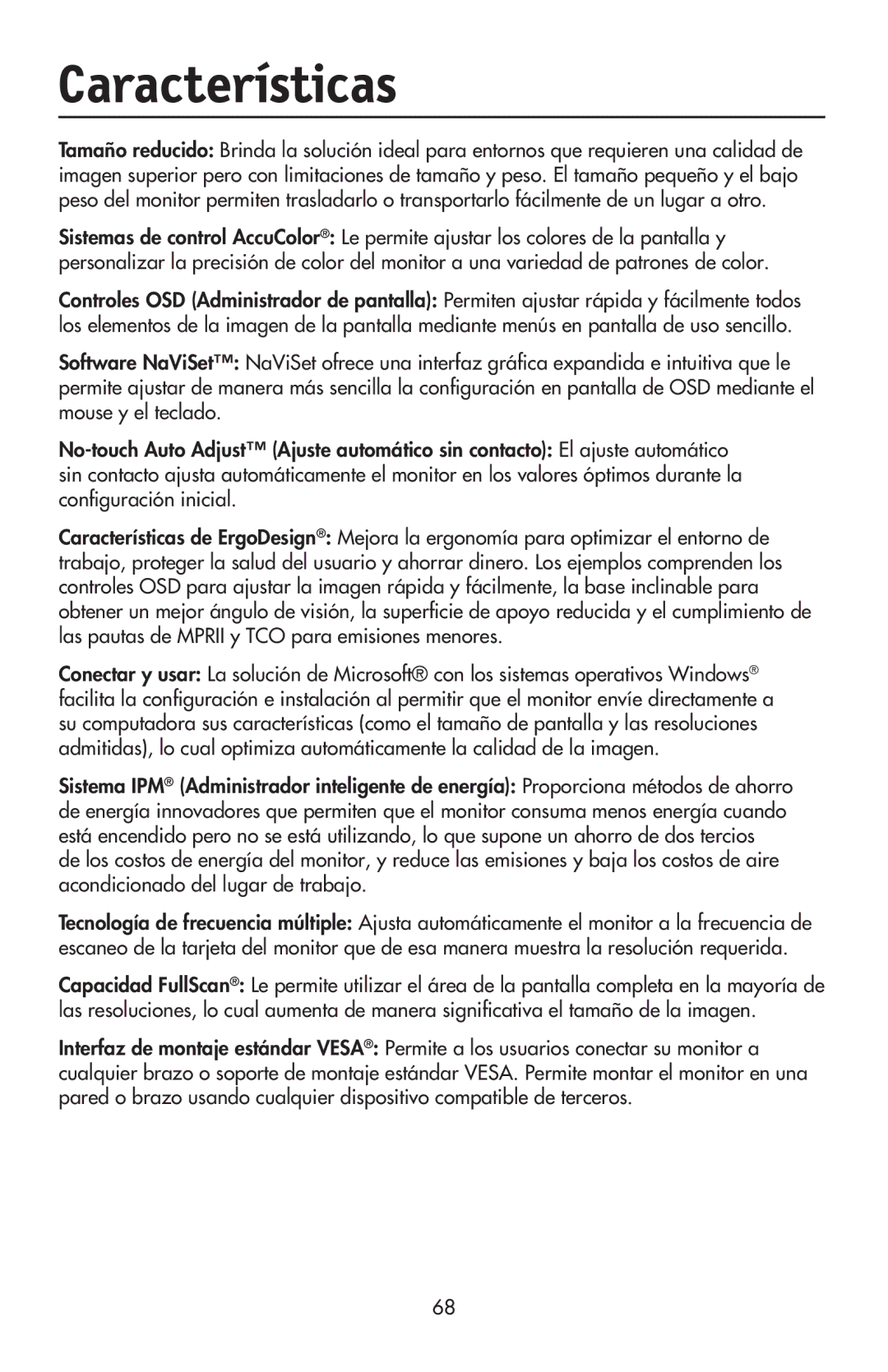 NEC LCD73VXM, LCD73VXTM, LCD93VXMTM user manual Características 