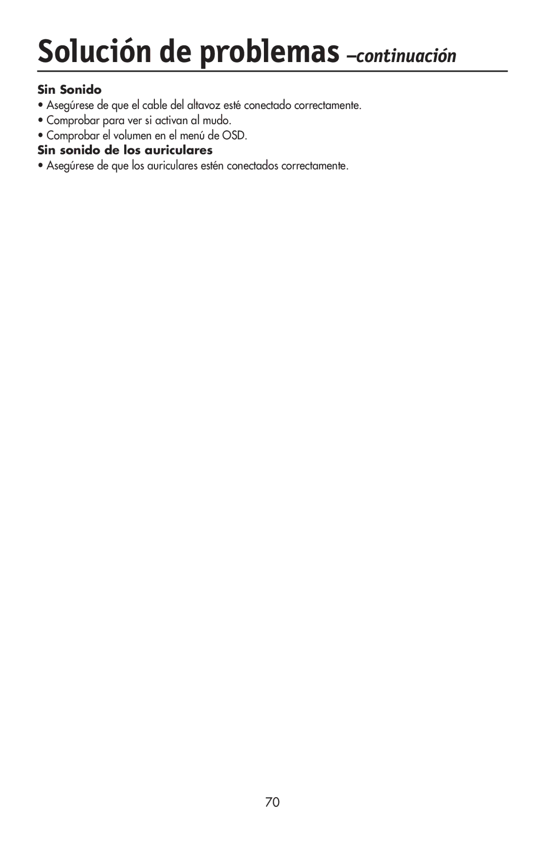 NEC LCD73VXTM, LCD73VXM, LCD93VXMTM user manual Solución de problemas -continuación, Sin Sonido 