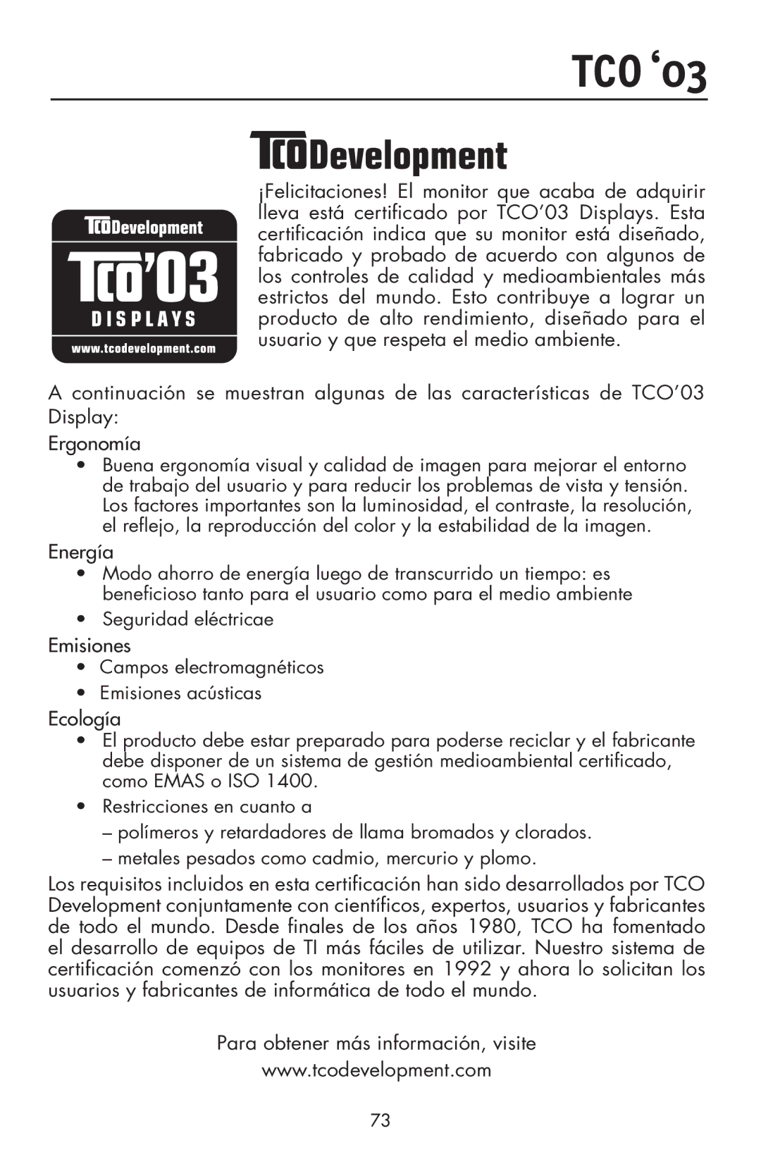 NEC LCD93VXMTM, LCD73VXTM, LCD73VXM user manual TCO ‘03 