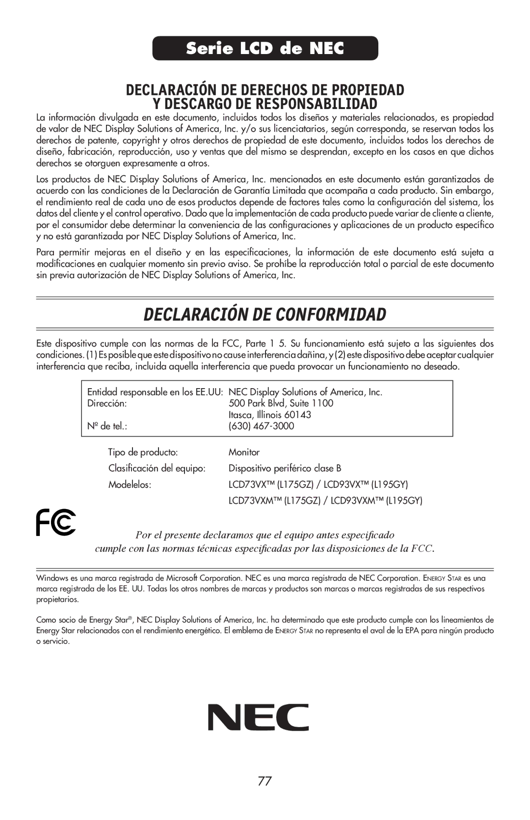 NEC LCD93VXMTM, LCD73VXTM, LCD73VXM user manual Declaración DE Conformidad 