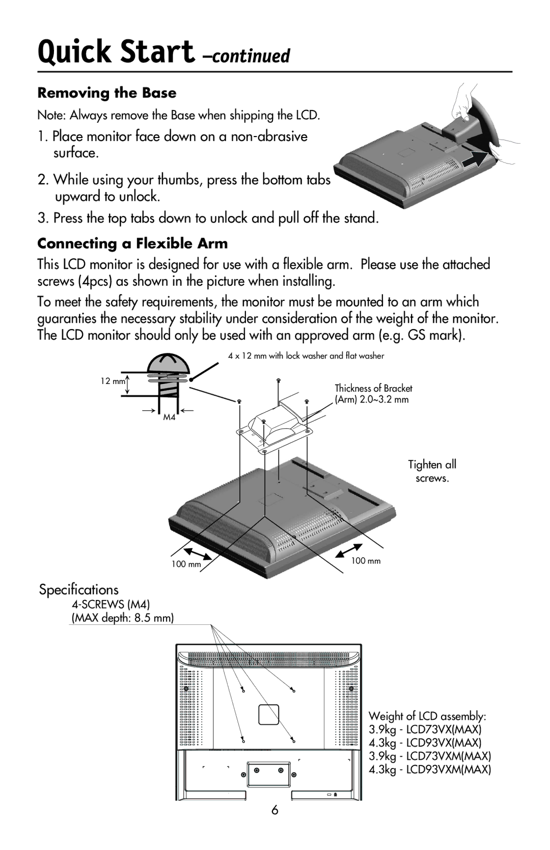 NEC LCD73VXTM, LCD73VXM, LCD93VXMTM user manual Removing the Base, Connecting a Flexible Arm, Speciﬁcations 