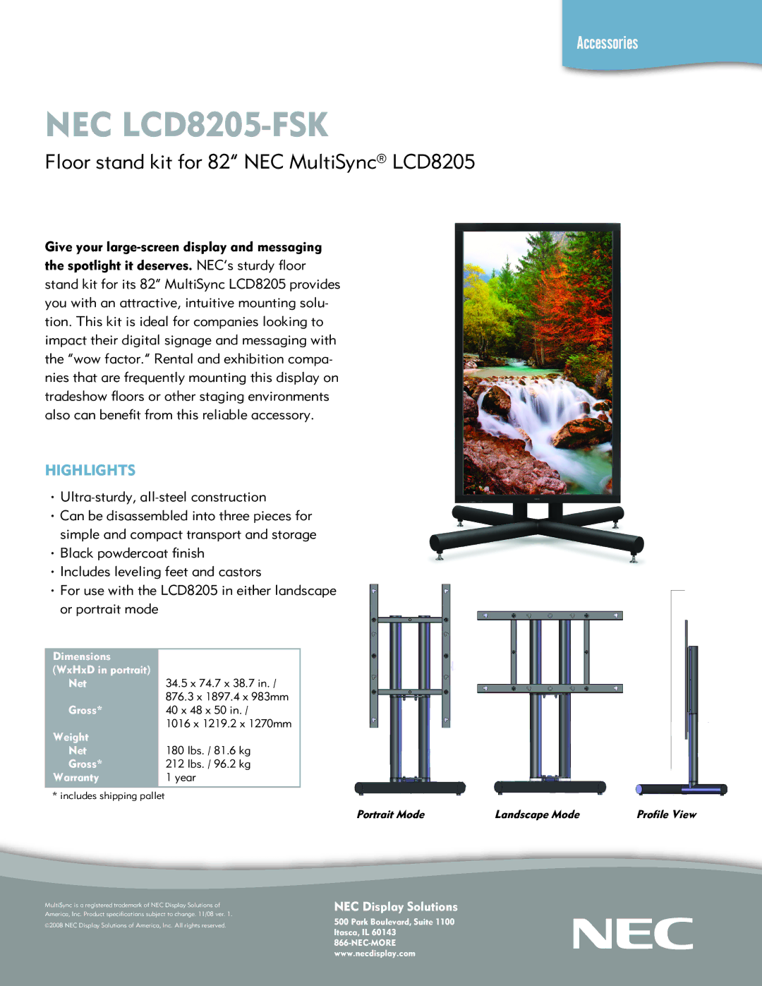 NEC specifications NEC LCD8205-FSK, Floor stand kit for 82 NEC MultiSync LCD8205, Highlights, Includes shipping pallet 