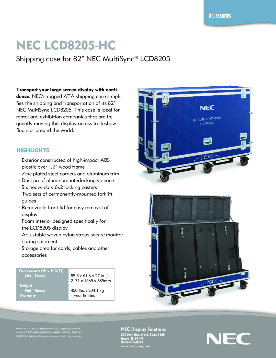 NEC specifications NEC LCD8205-HC, Shipping case for 82 NEC MultiSync LCD8205, Highlights 