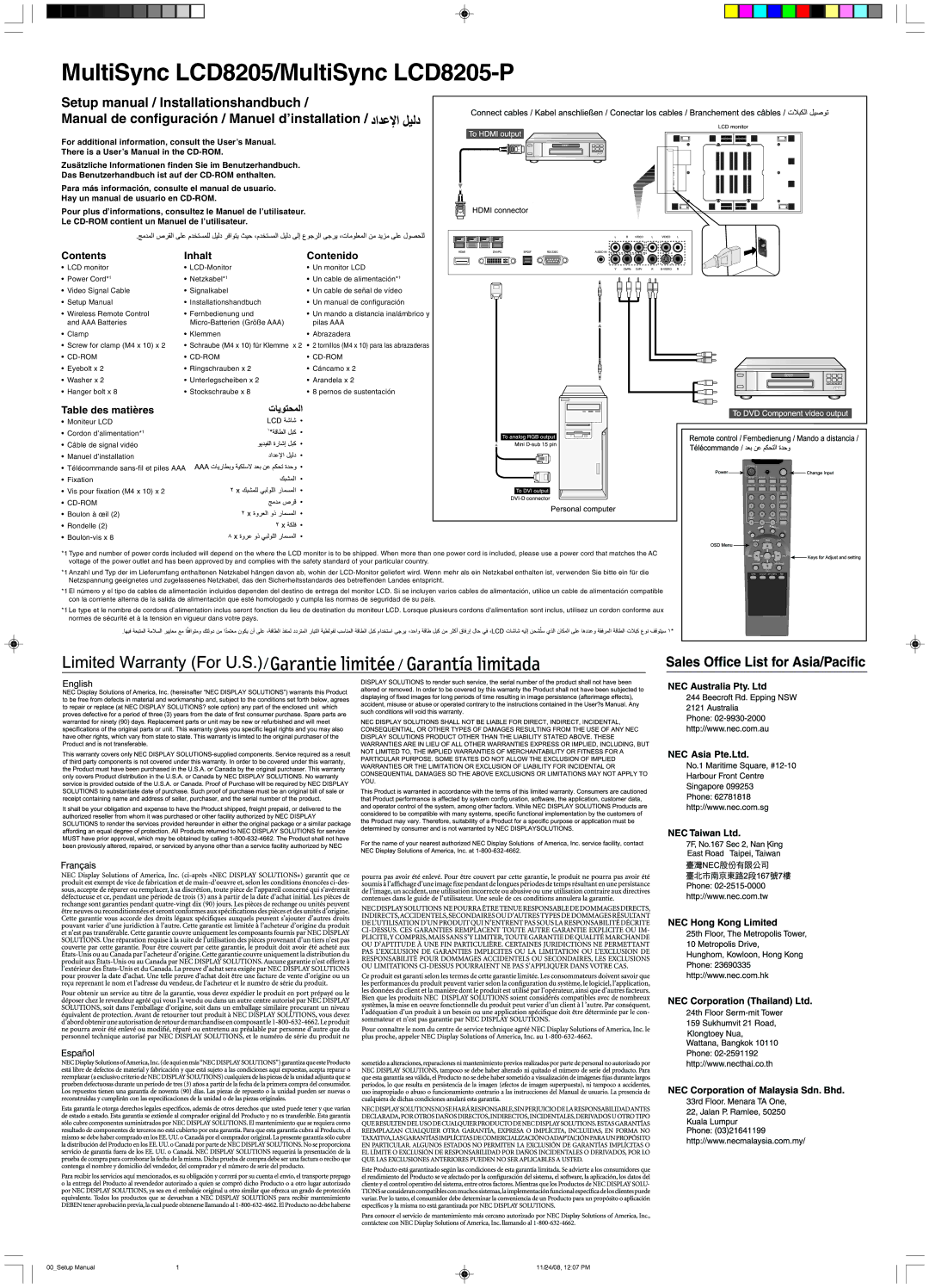 NEC LCD8205-P user manual Contents Inhalt Contenido, Table des matières 