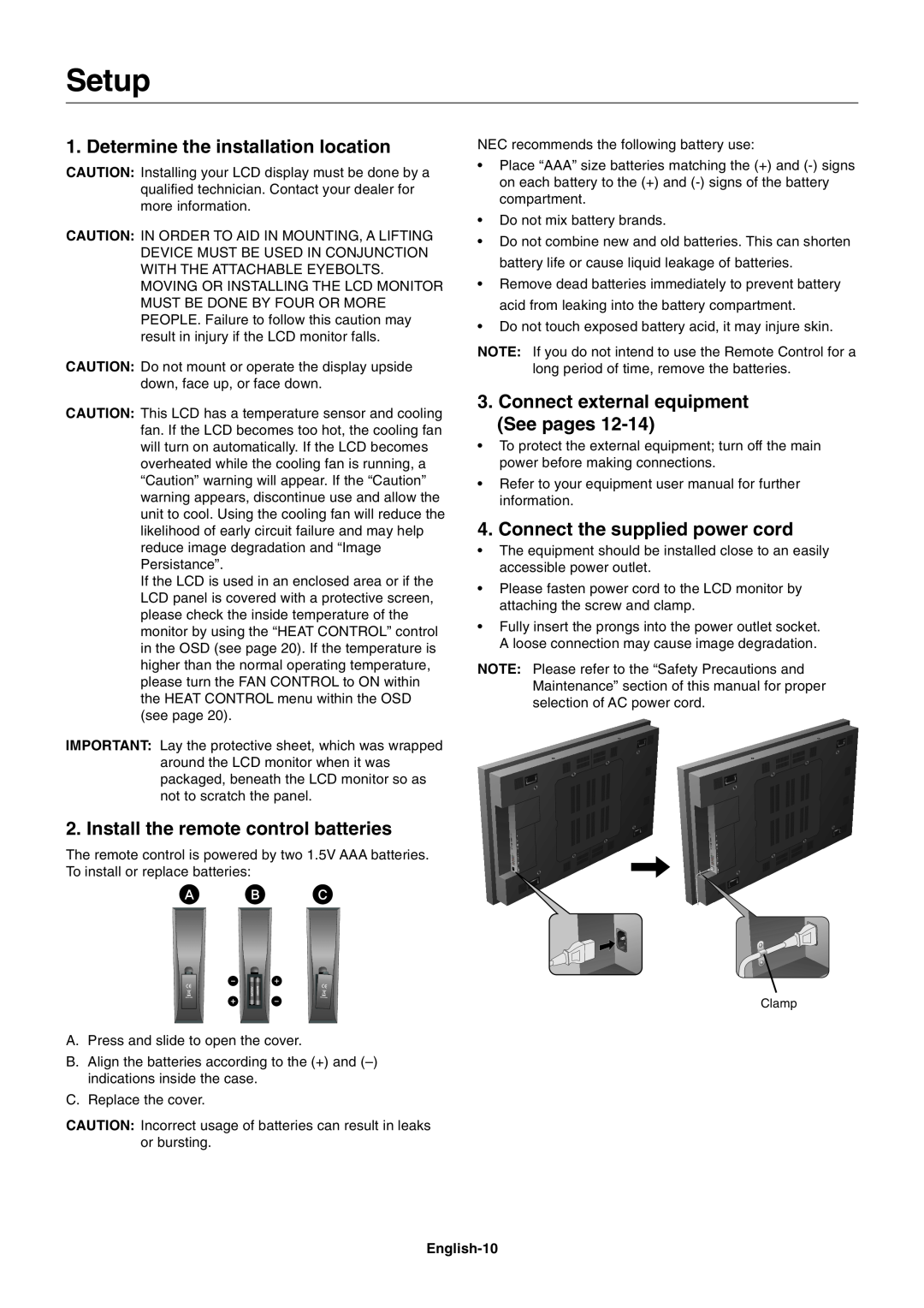 NEC LCD8205-P user manual Setup, Determine the installation location, Install the remote control batteries 