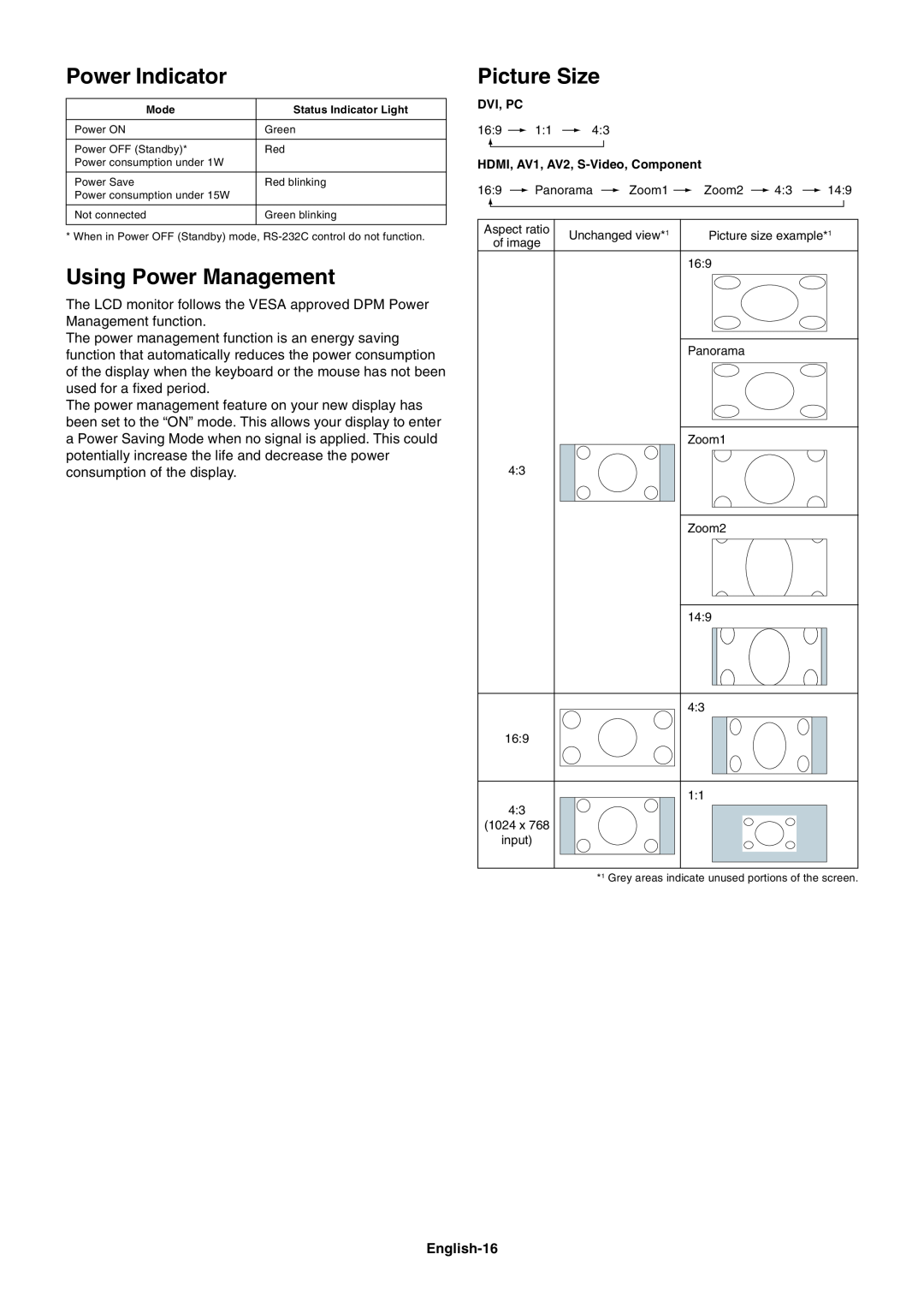 NEC LCD8205-P user manual Power Indicator, Using Power Management, Picture Size, English-16 