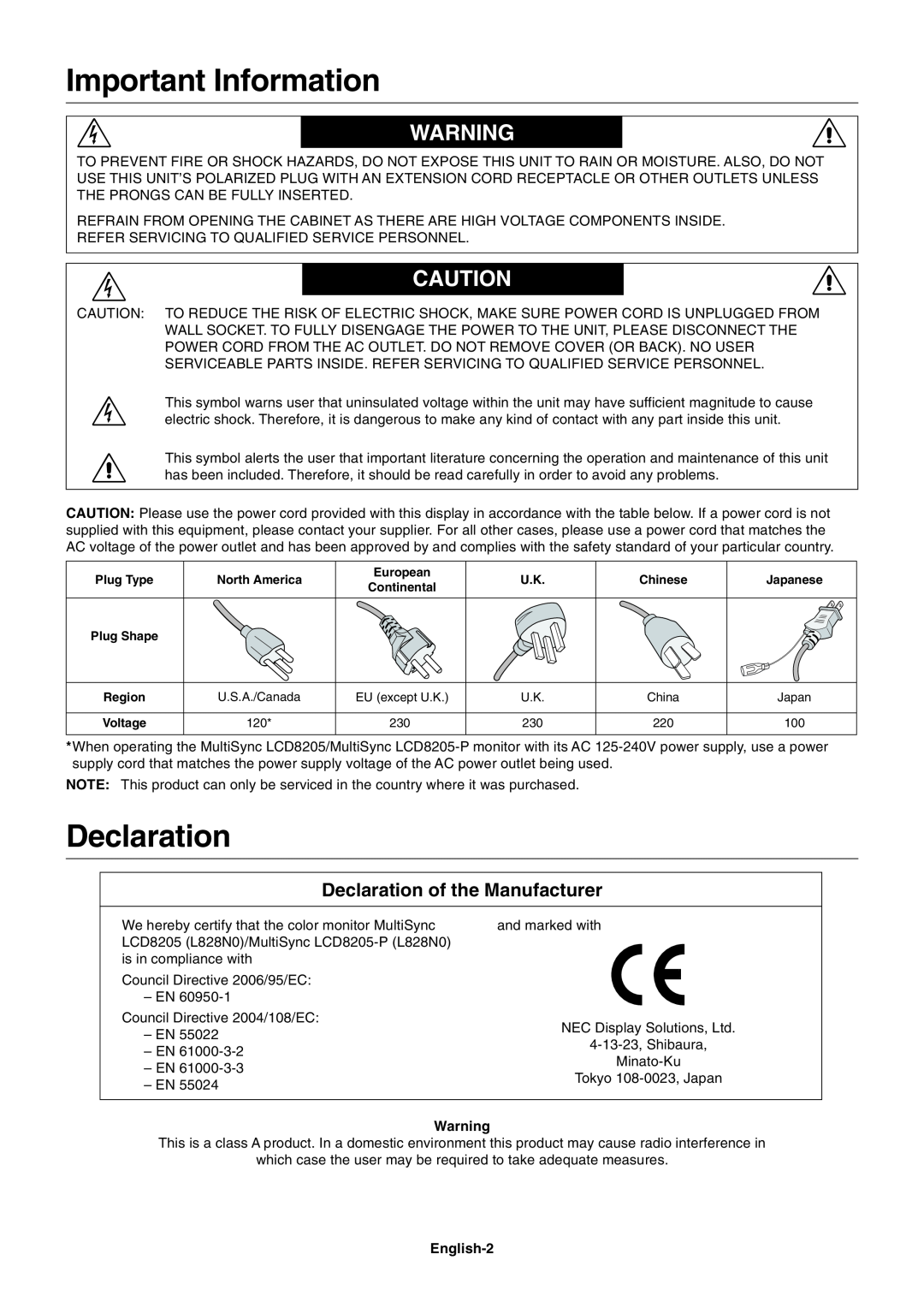 NEC LCD8205-P user manual Important Information, Declaration of the Manufacturer 