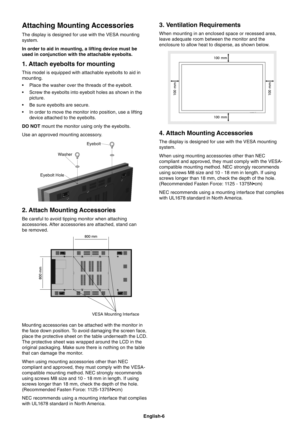 NEC LCD8205-P user manual Attaching Mounting Accessories, Attach eyebolts for mounting, Attach Mounting Accessories 