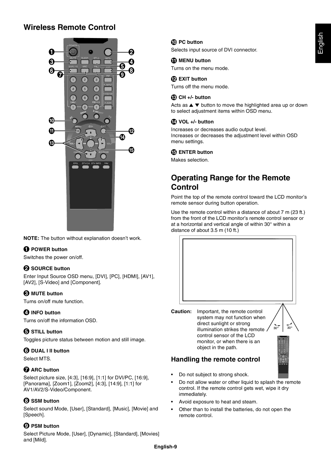 NEC LCD8205-P user manual Wireless Remote Control, Operating Range for the Remote Control, Handling the remote control 