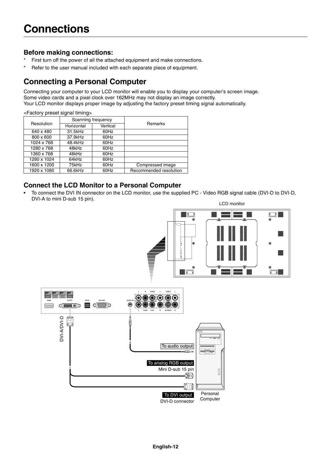 NEC LCD8205-P user manual Connections, Connecting a Personal Computer, Before making connections, English-12 