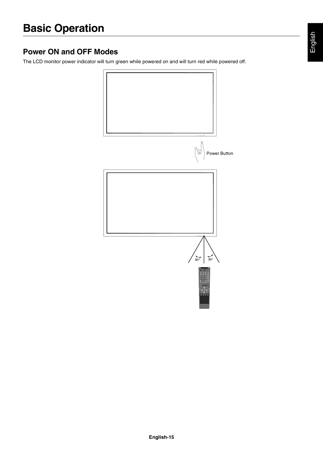 NEC LCD8205-P user manual Basic Operation, Power on and OFF Modes, English-15 