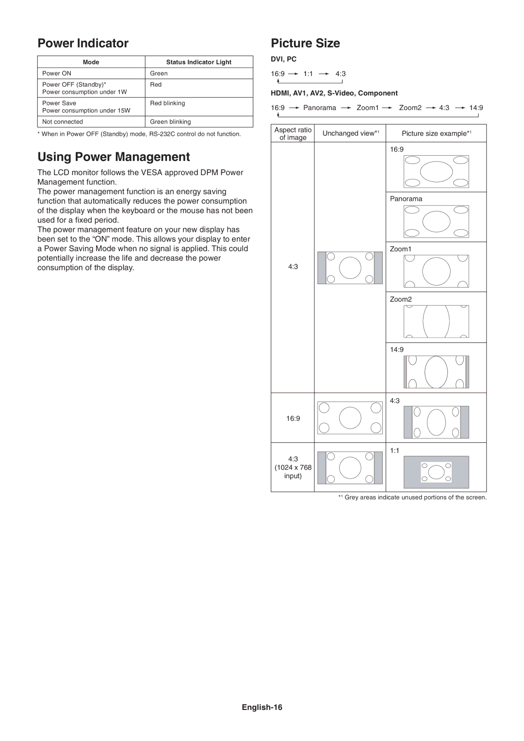 NEC LCD8205-P user manual Power Indicator, Using Power Management, Picture Size, English-16 