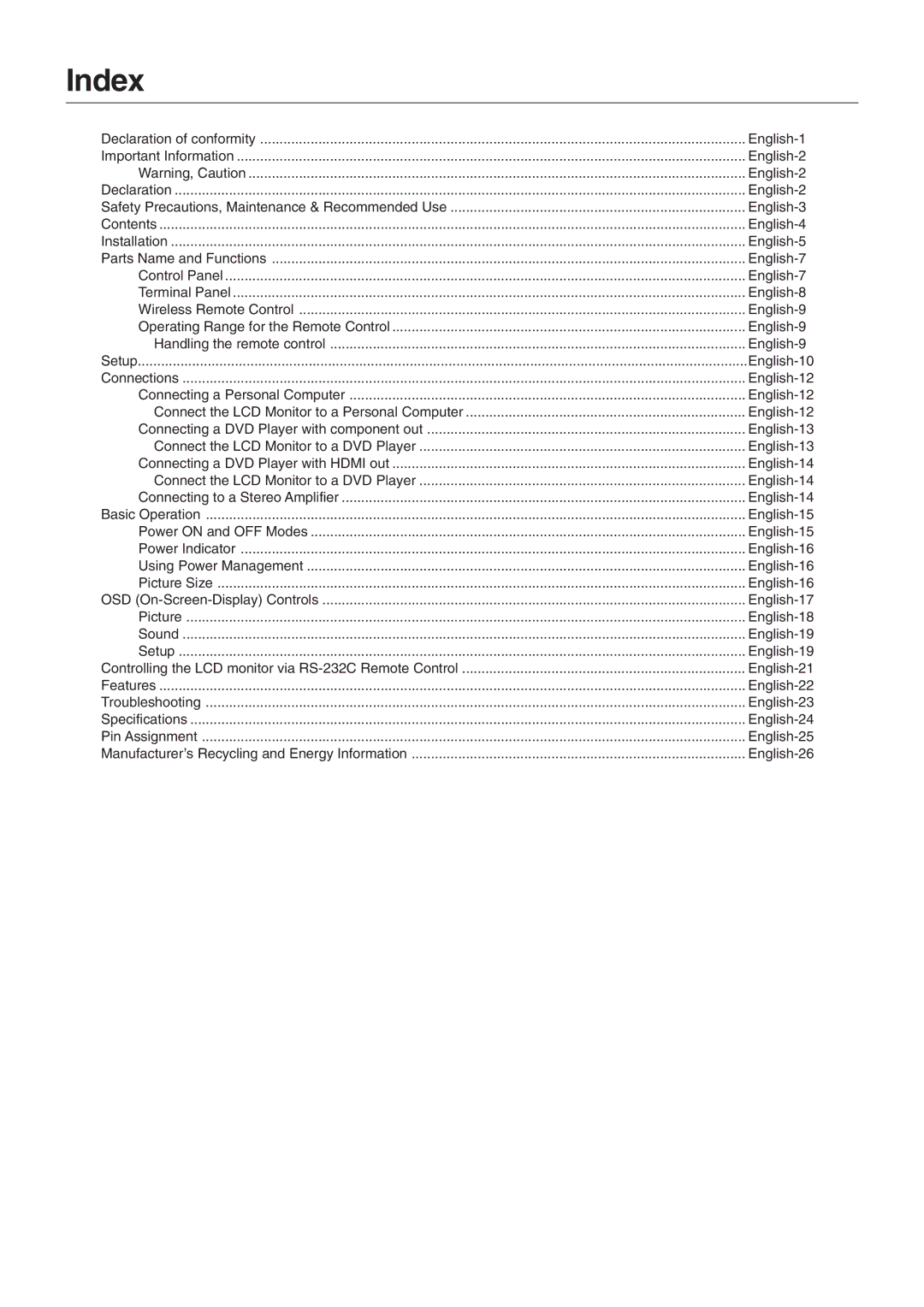 NEC LCD8205-P user manual Index 