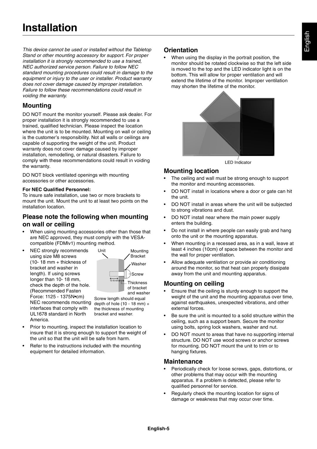 NEC LCD8205-P user manual Installation 