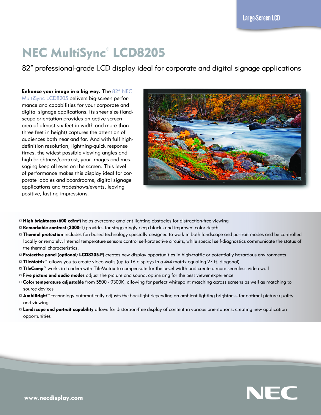 NEC manual NEC MultiSync LCD8205, Large-ScreenLCD 