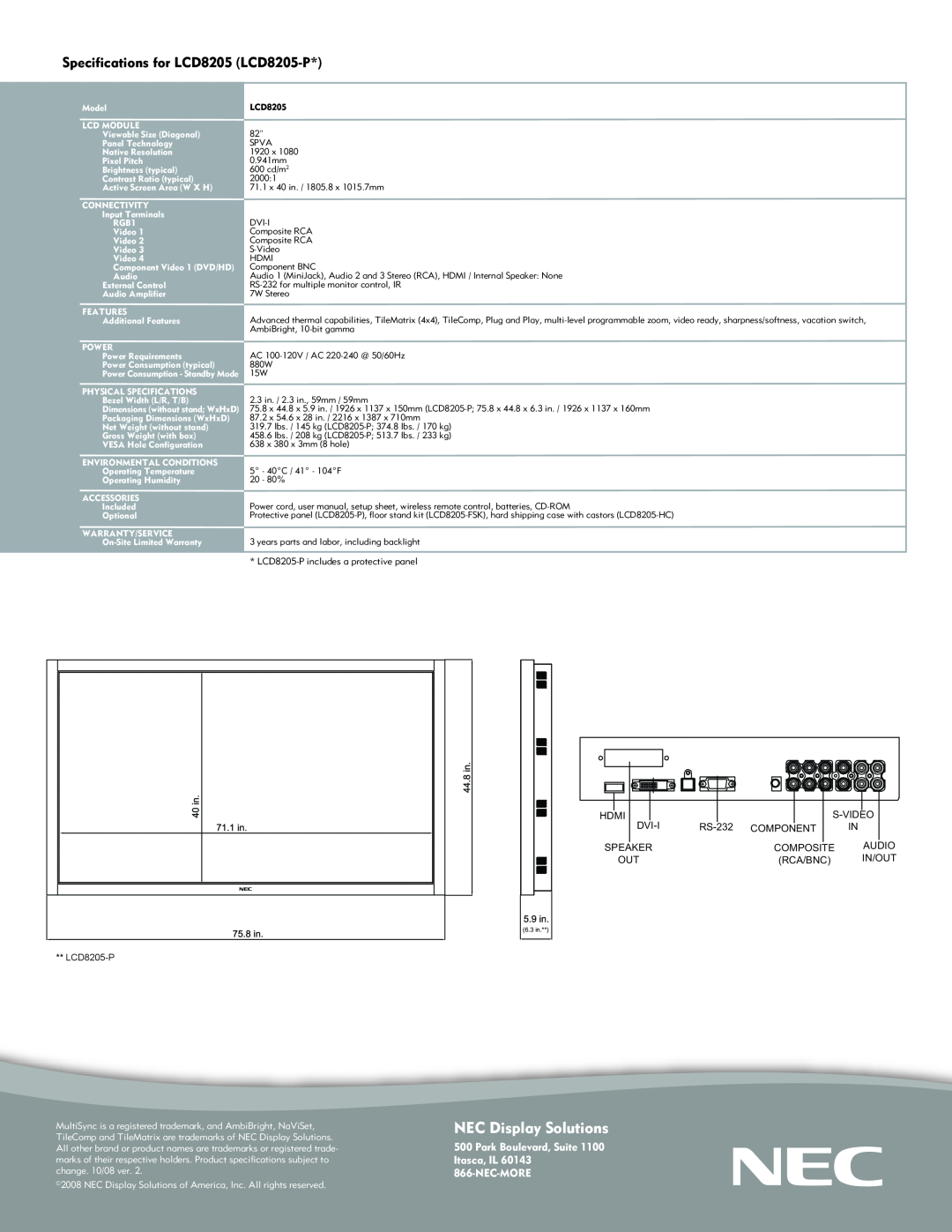 NEC manual NEC Display Solutions, Specifications for LCD8205 LCD8205-P, Park Boulevard, Suite Itasca, IL 866-NEC-MORE 