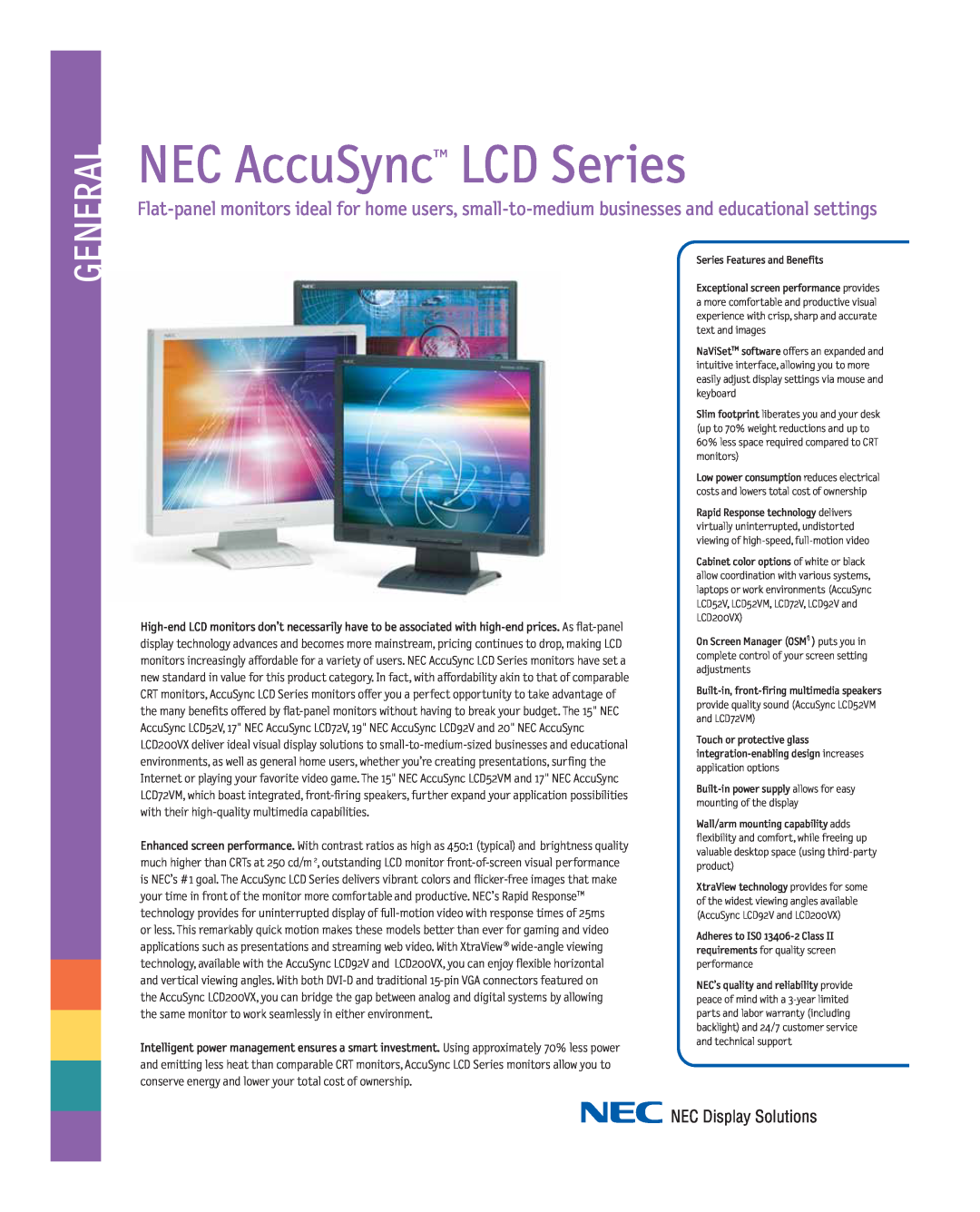 NEC LCD92V warranty NEC AccuSyncTM LCD Series, General 