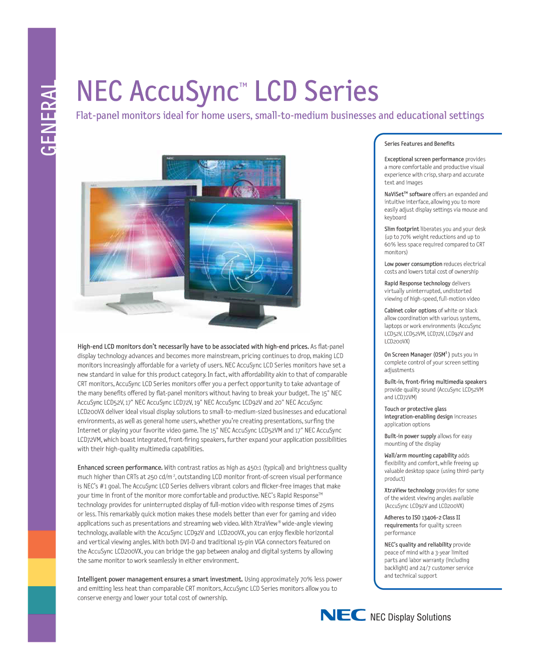 NEC LCD92V warranty NEC AccuSyncTM LCD Series, Series Features and Benefits 