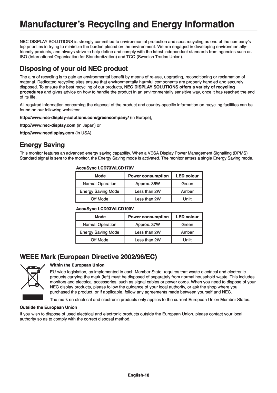 NEC LCD170V ManufacturerÕs Recycling and Energy Information, Disposing of your old NEC product, Energy Saving, Mode 