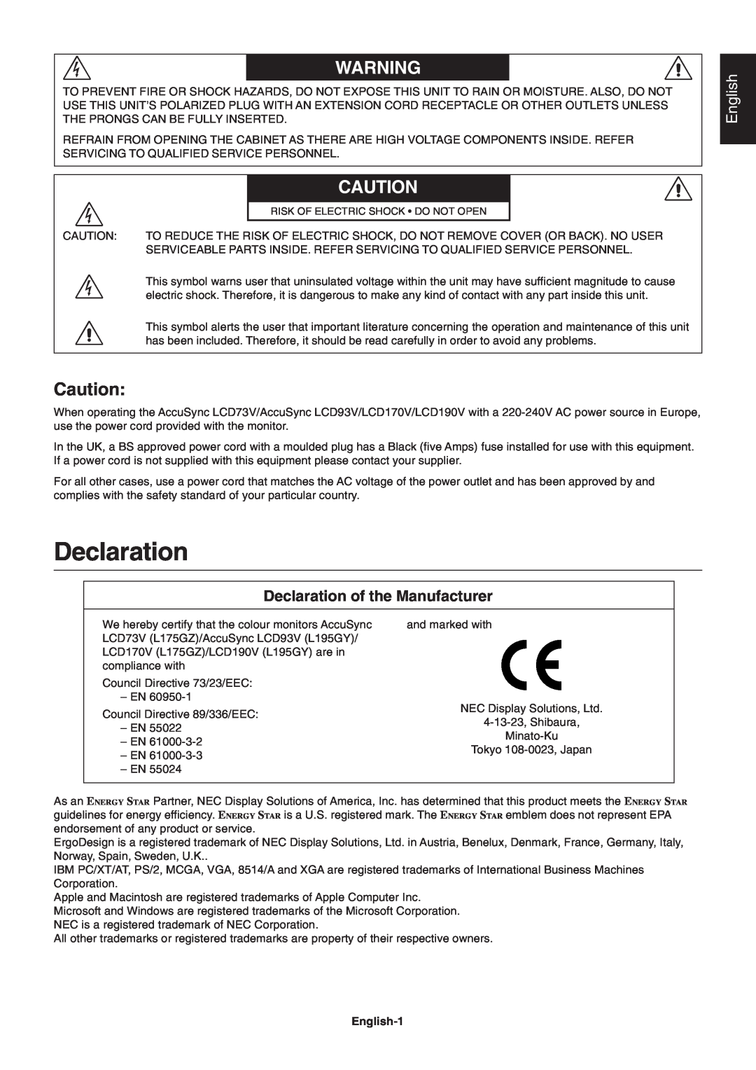 NEC LCD190V, LCD93V, LCD73V, LCD170V user manual Declaration of the Manufacturer, English-1 
