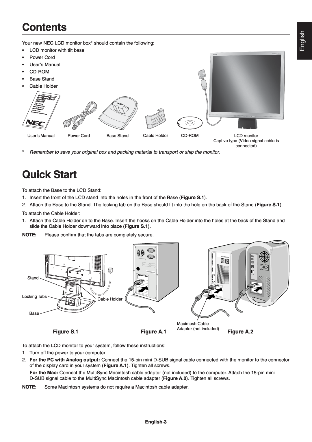NEC LCD93V, LCD73V, LCD190V, LCD170V user manual Contents, Quick Start, Figure S.1, Figure A.1, Figure A.2, English-3 