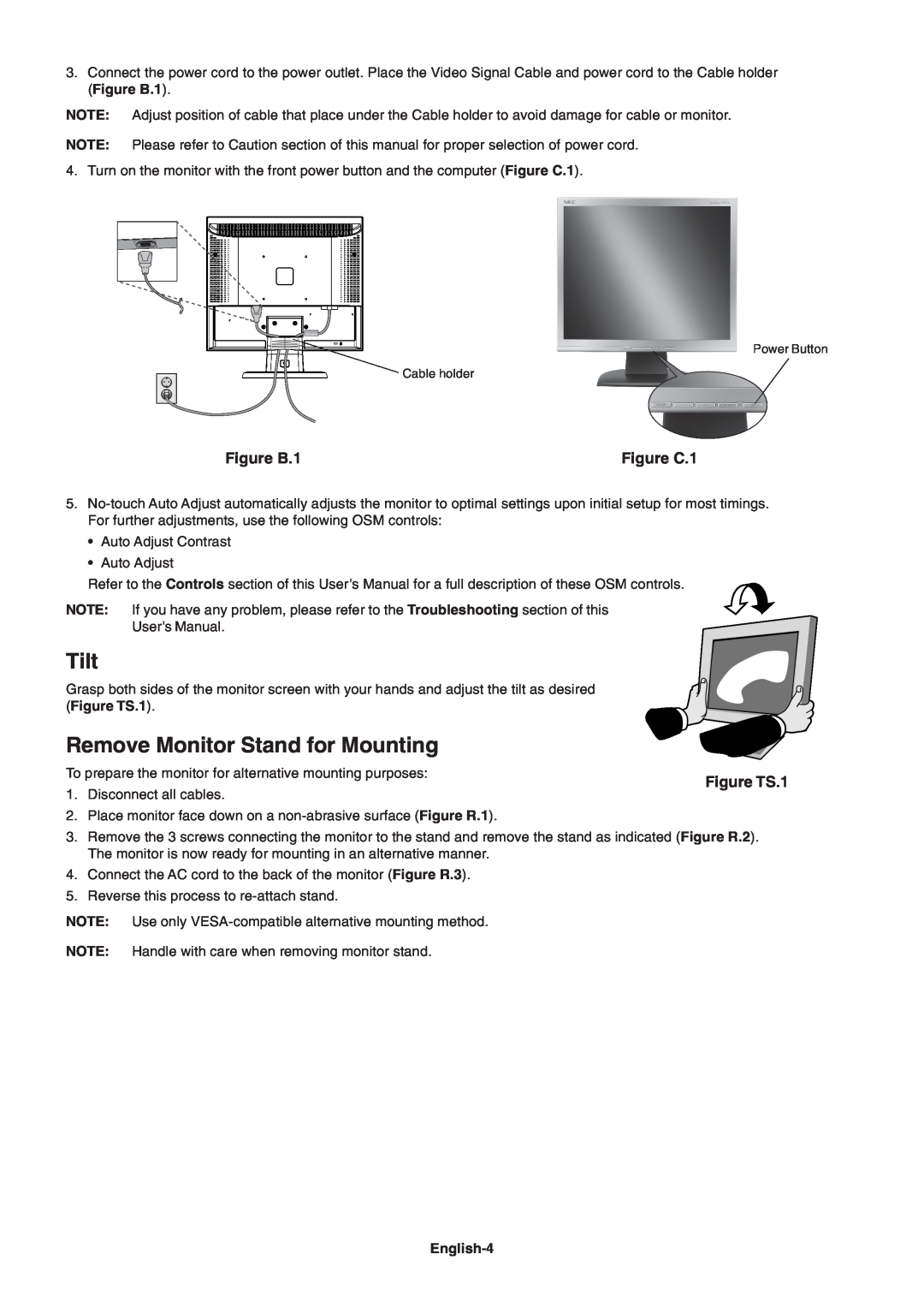 NEC LCD73V, LCD93V, LCD190V, LCD170V user manual Tilt, Remove Monitor Stand for Mounting, Figure B.1, Figure C.1, English-4 