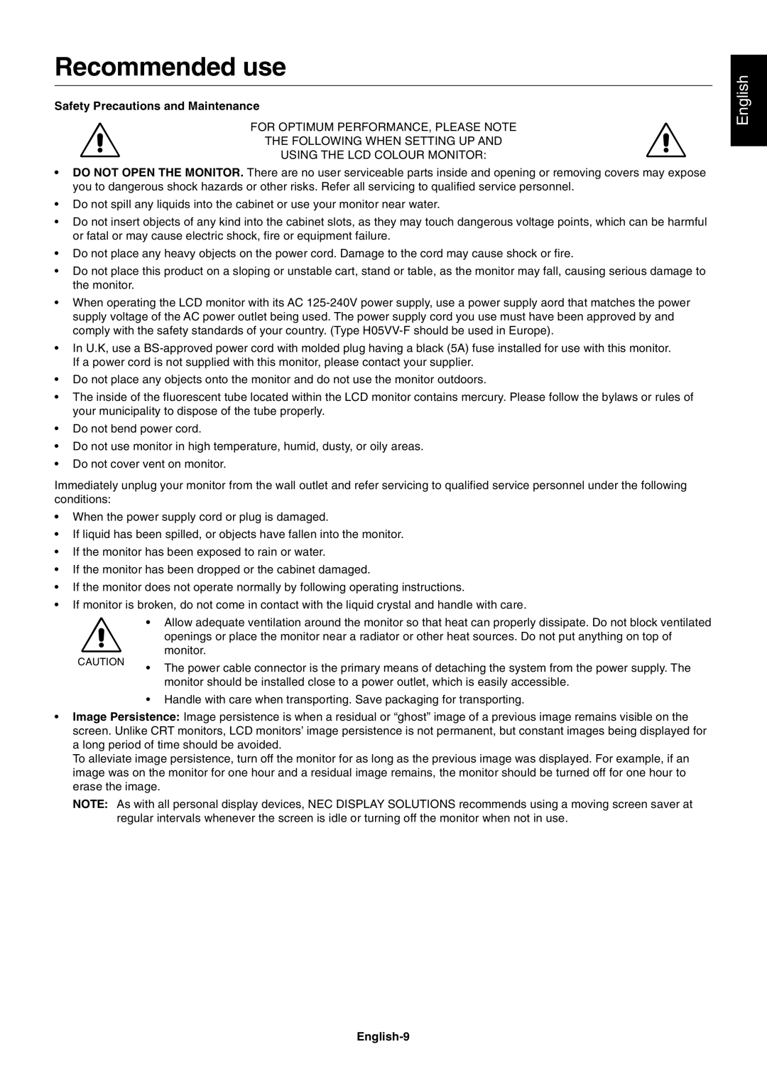 NEC LCD190V, LCD93V, LCD73V, LCD170V user manual Recommended use, Safety Precautions and Maintenance, English-9 