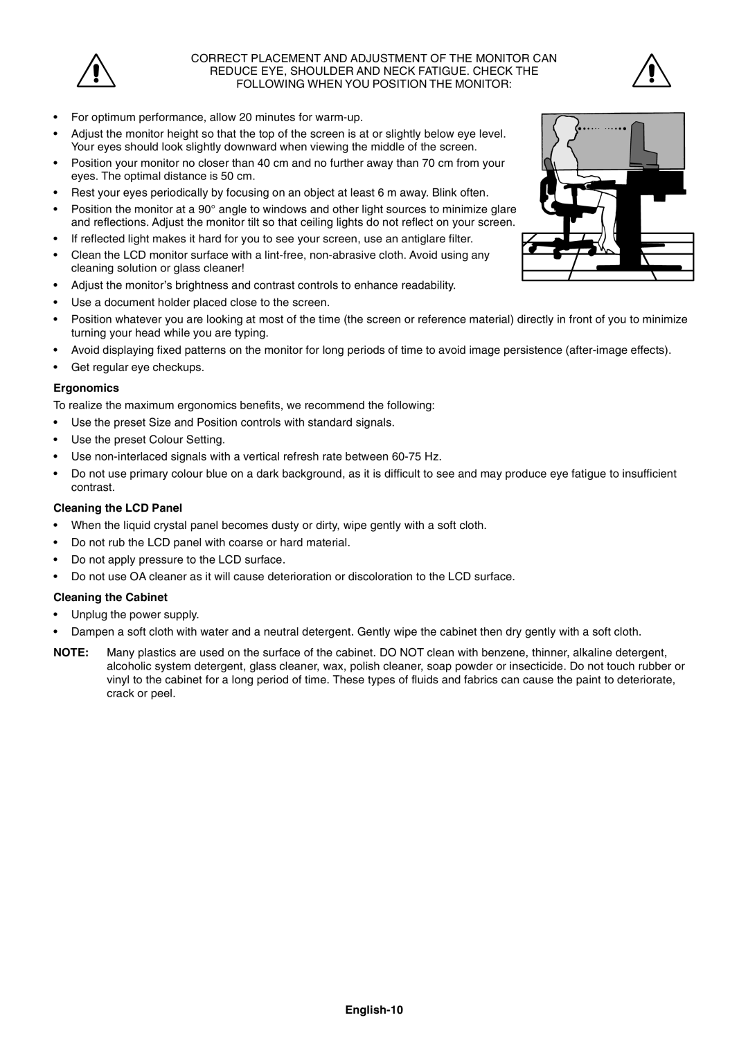 NEC LCD170V, LCD93V, LCD73V, LCD190V user manual Ergonomics, Cleaning the LCD Panel, Cleaning the Cabinet, English-10 