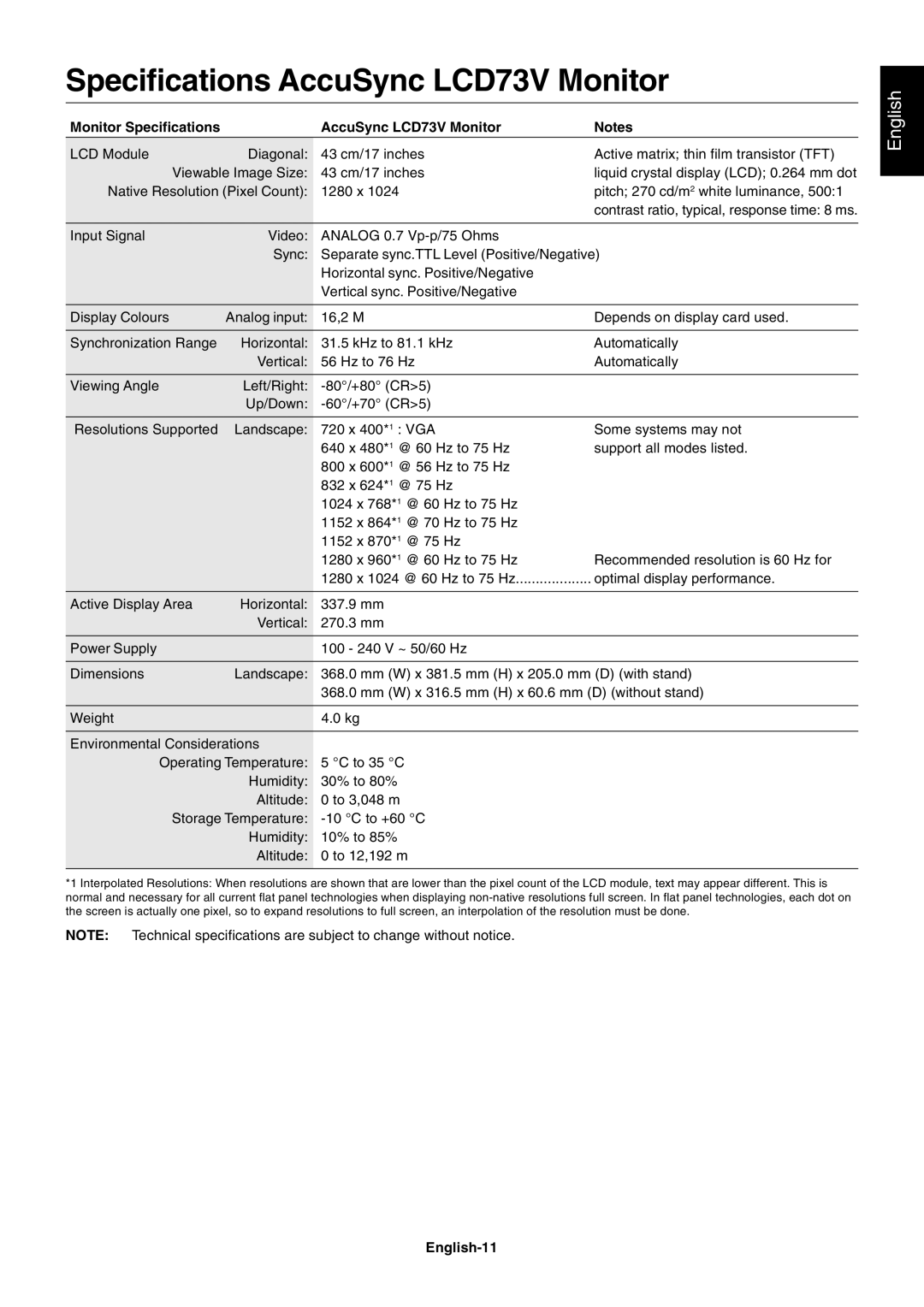 NEC LCD93V, LCD190V, LCD170V user manual Monitor Specifications AccuSync LCD73V Monitor, English-11 