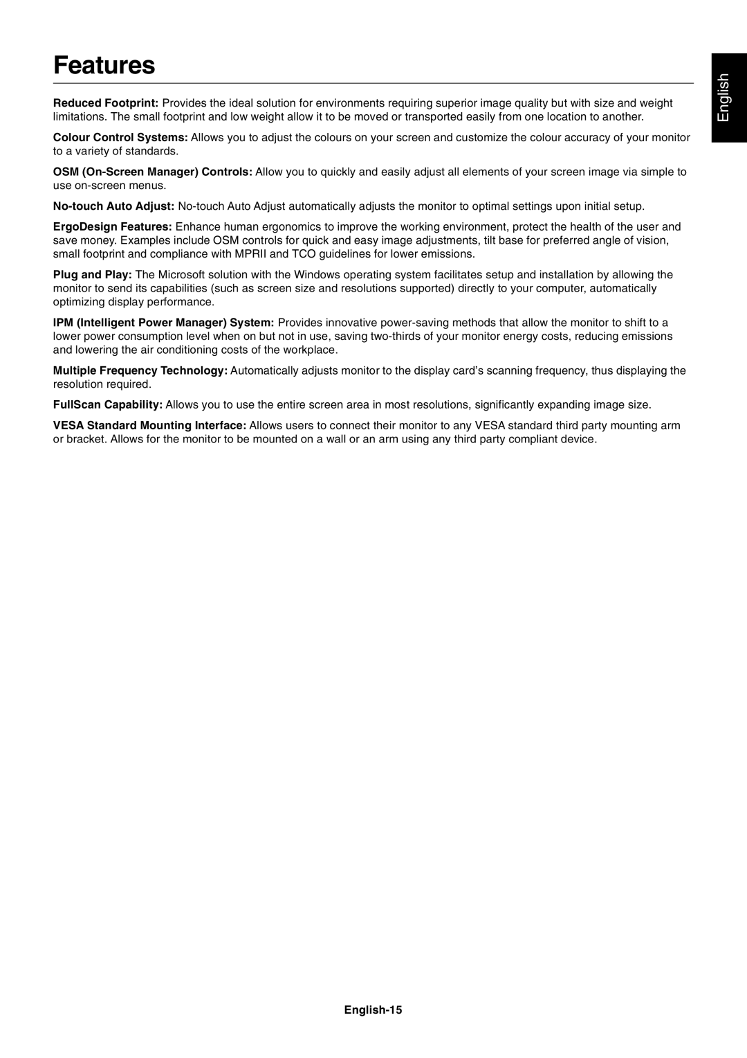 NEC LCD93V, LCD73V, LCD190V, LCD170V user manual Features, English-15 